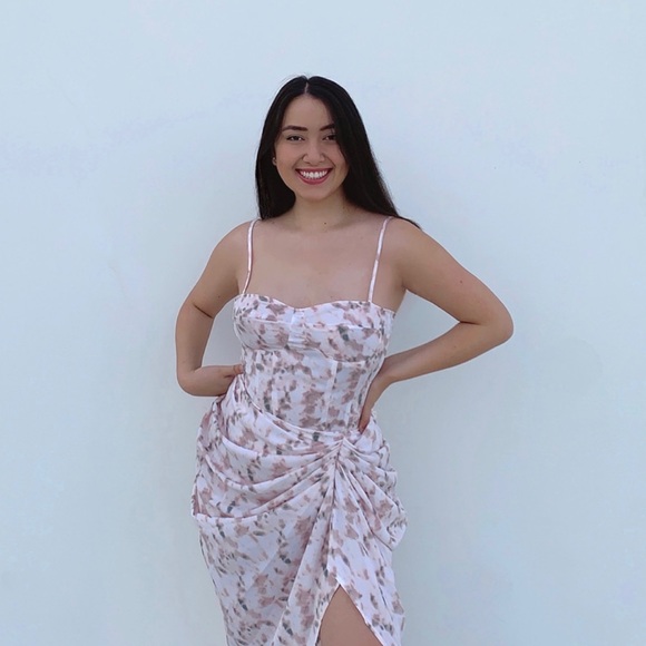 Light Pink Tie Dye Print Structured Corset Top & Ruched Side Midi Skirt SET - Picture 7 of 12